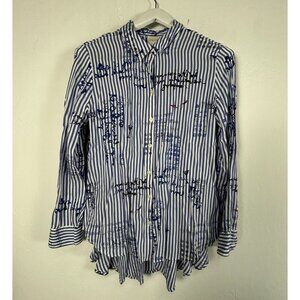 Chico's Womens Blue White Striped Script Writing High Low Button Up Shirt Size 1